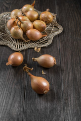 Fresh bulb onions  on the table. 