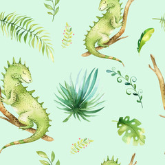 Baby animals nursery isolated seamless pattern. Watercolor boho tropical fabric drawing, child tropical drawing cute iguana and palm tree, tropic green texture