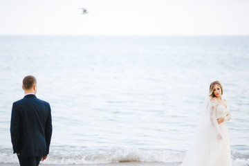 The groom looking at his bride near sea