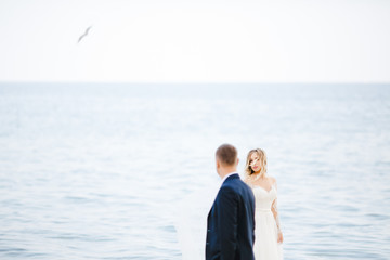 Fototapeta premium The groom looking at his bride near sea