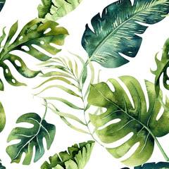 Seamless watercolor pattern of tropical leaves, dense jungle. Ha