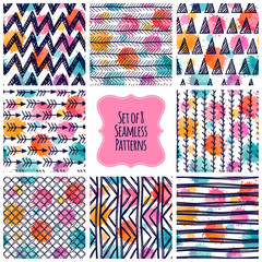 Set of 9 seamless patterns. Set with simple abstract backgrounds. Freehand drawing