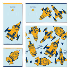 Set of universal cards with space toy rockets. Birthday, anniversary, children’s party, congratulations. Template.
