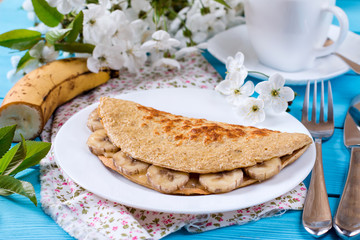 Pancake from oatmeal with banana, healthy breakfast