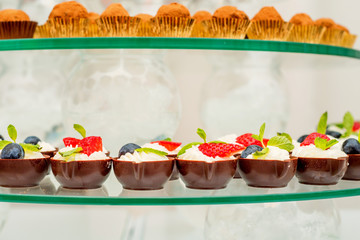 Chocolate dessert with cream and strawberry