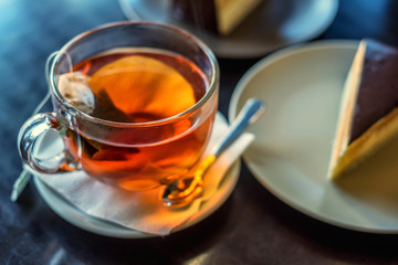 Morning cup of tea with cheese cake