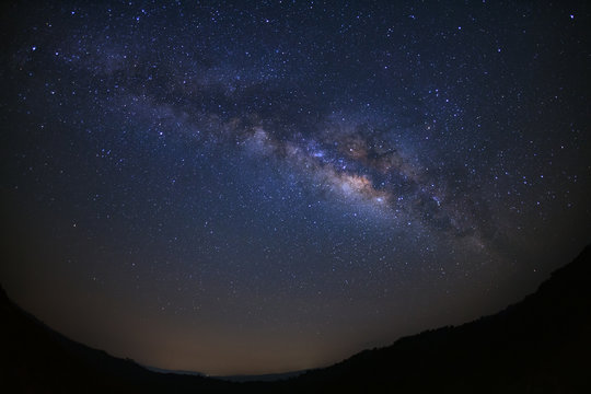 Landscape milky way galaxy over moutain with stars, Long exposure photograph, with grain.