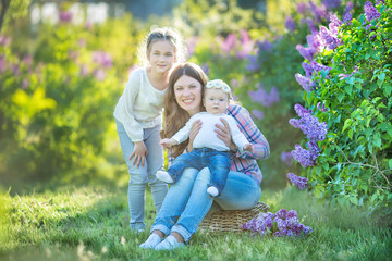 sisters with mother playing in blooming lilac garden. Cute little girls with bunch of lilac in blossom. Kid enjoying happy childhood. Family, love, peace and happiness concept