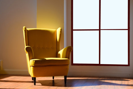 Interior and Isolated yellow sofa in room.