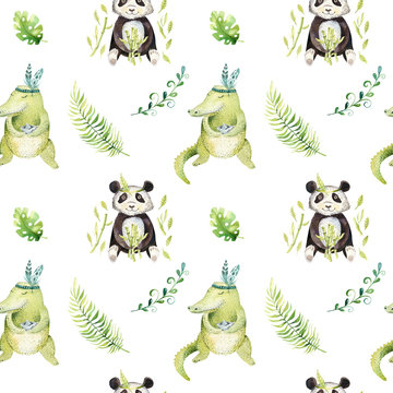 Baby animals nursery isolated seamless pattern. Watercolor boho tropical drawing, child tropical drawing cute crocodile and panda, tropic green