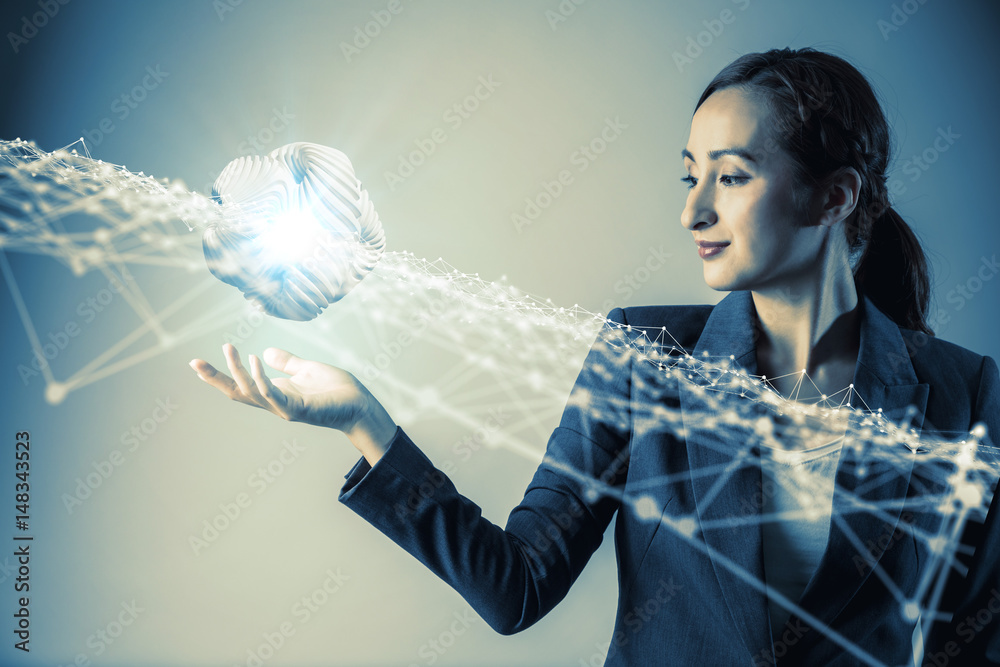 Aufkleber young woman engineer holding her hand under a 3d object. 3d rendering graphics. abstract mixed media