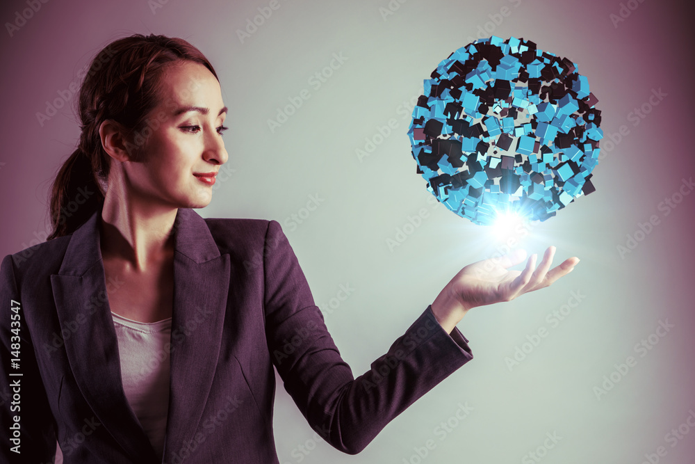 Aufkleber young woman engineer holding her hand under a 3d object. 3d rendering graphics. abstract mixed media