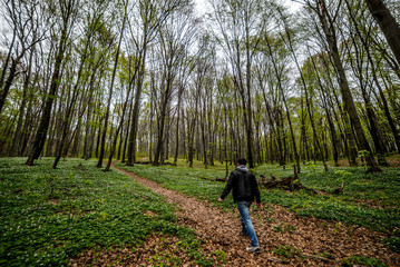 Man walking by woods trails