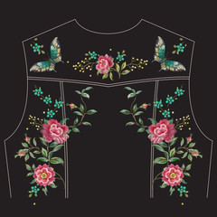Embroidery trend ethnic floral pattern with roses and butterflies for jeans jacket back. Vector traditional embroidered set with flowers on black background for clothing design.