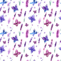 Hand painted watercolor seamless pattern with lavender and butterflies
