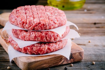 Ingredients for burgers: raw minced beef cutlets
