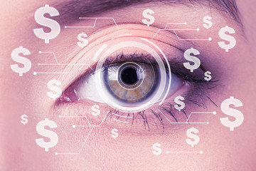 Biometric security retina scanner. Young woman eye monitors the dollar exchange rate