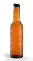 Bottle of fresh and wet beer isolated on white.
