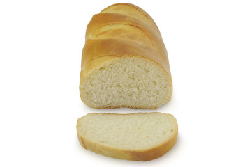 Sliced Long loaf of bread isolated on white background front view