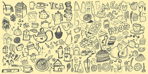 Hand drawn food elements. Set for menu decoration.	