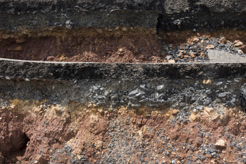 The curb erosion from storms. To indicate the layers of soil and rock.
