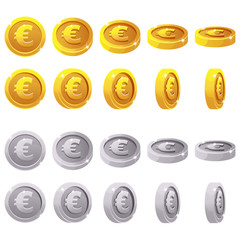 Cartoon set of 3D metallic coins, vector animation game rotation. Gold and silver euro simbol