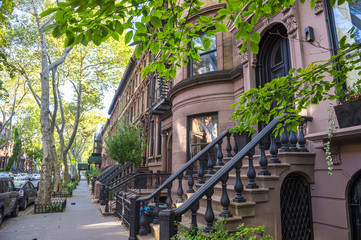 Scenic street view of a leafy block of stoops in a brownstone Brooklyn neighborhood in New York City