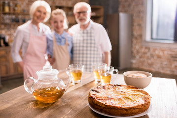 pie and hot tea on table
