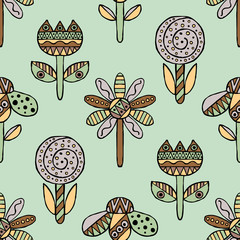 Vector seamless hand drawn pattern, decorative stylized childish flowers Doodle style, graphic illustration Ornamental cute hand drawing in brown colors Series of doodle, cartoon, sketch illustrations