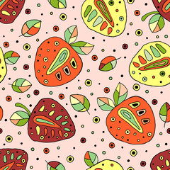 Seamless vector hand drawn childish pattern with fruits. Cute childlike strawberries with leaves, seeds, drops. Doodle, sketch, cartoon style background. Line drawing Endless repeat swatch