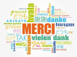 Merci (Thank You in French) Word Cloud background, all languages, multilingual for education or thanksgiving day