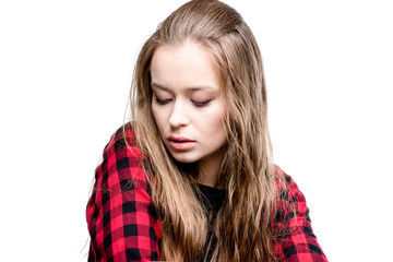 portrait of young attractive woman with closed eyes isolated on white