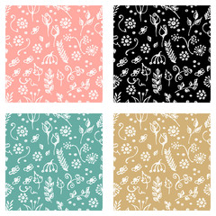 Set of seamless vector patterns, hand drawn background with flowers, branch, leaves, dots. Hand sketch drawing. Doodle funny style. Series of Hand Drawn seamless childish Patterns.