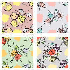 Fototapeta na wymiar Vector seamless floral pattern with butterfly flowers, leaves, decorative elements, splash, blots, drop Hand drawn contour lines and strokes Doodle sketch style, graphic vector drawing illustration