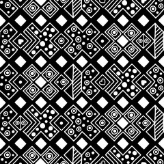 Seamless vector pattern. Black and white geometrical background with hand drawn decorative tribal elements. Print with ethnic, folk, traditional motifs. Graphic vector illustration.
