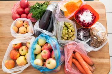 Fruit and vegetables on wooden table