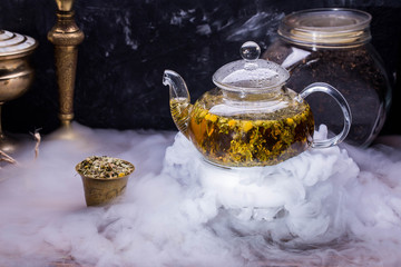 Tea on the basis of the Lebanese herbs, a mountain thyme, a melissa and a camomile