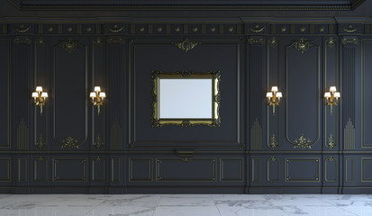 Obraz na płótnie Canvas Black wall panels in classical style with gilding. 3d rendering