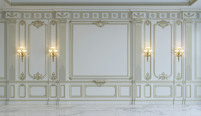 White wall panels in classical style with gilding. 3d rendering