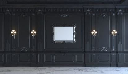 Obraz na płótnie Canvas Black wall panels in classical style with silvering. 3d rendering