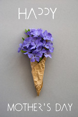 happy mother's day card. bouquet of blue flowers, a place with text 