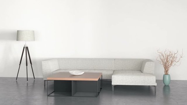 Livingroom with gray sofa, coffee table  and lamp