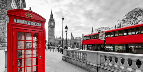 London Red Telephone Booth and Big Ben Clock Tower