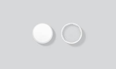 Blank white plastic bottle caps mock up set isolated, top side view, 3d rendering. Empty mineral water lids mockups. Fizzy pop circle clear cover design template. Soda drink element
