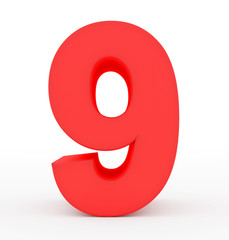 number 9 3d red isolated on white