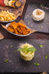 Mashed potatoes potatoes with cheese, potatoes in a rural, rice and French fries
