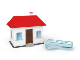 3d rendering of a small house and bundles of  money