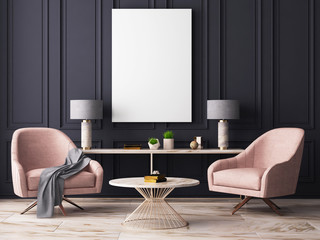 Mock up poster in a classic pastel interior with armchairs, against the background of a dark blue wall. 3D rendering