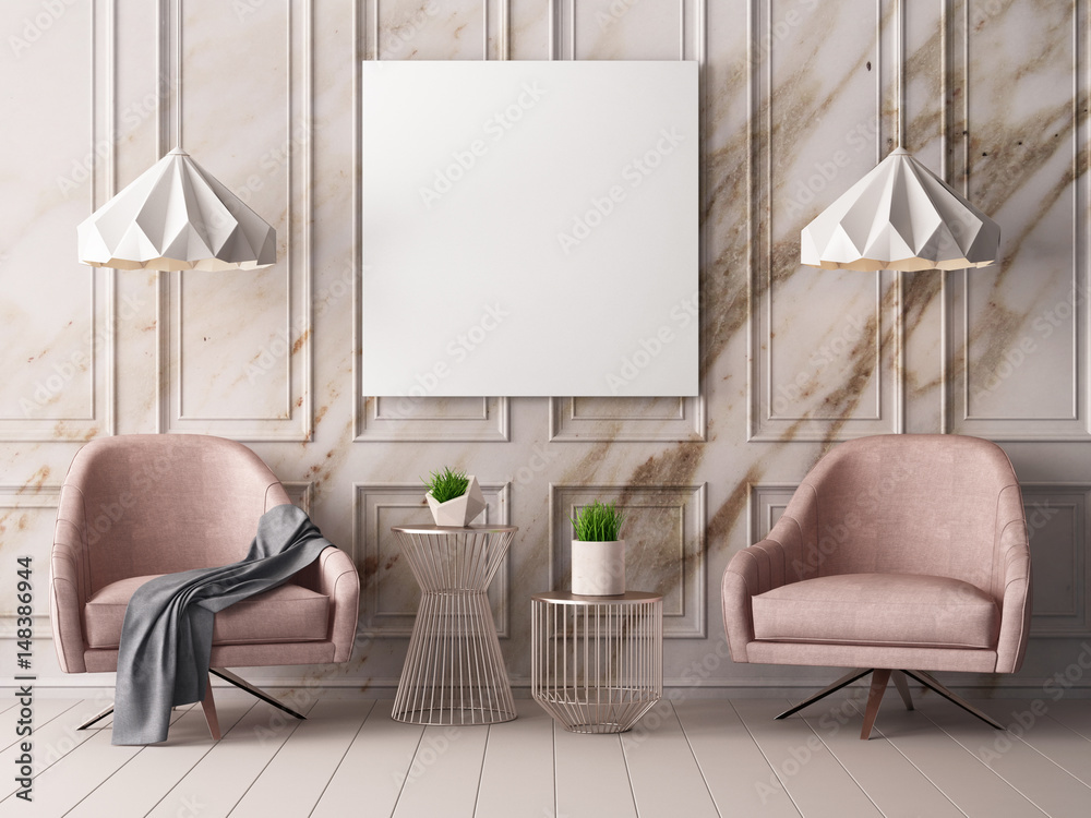 Wall mural Mock up poster in a classic pastel interior with armchairs, against the background of a dark blue wall. 3D rendering