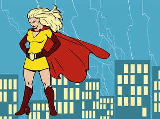 Cartoon colorful illustration of a pretty super lady wearing long cape